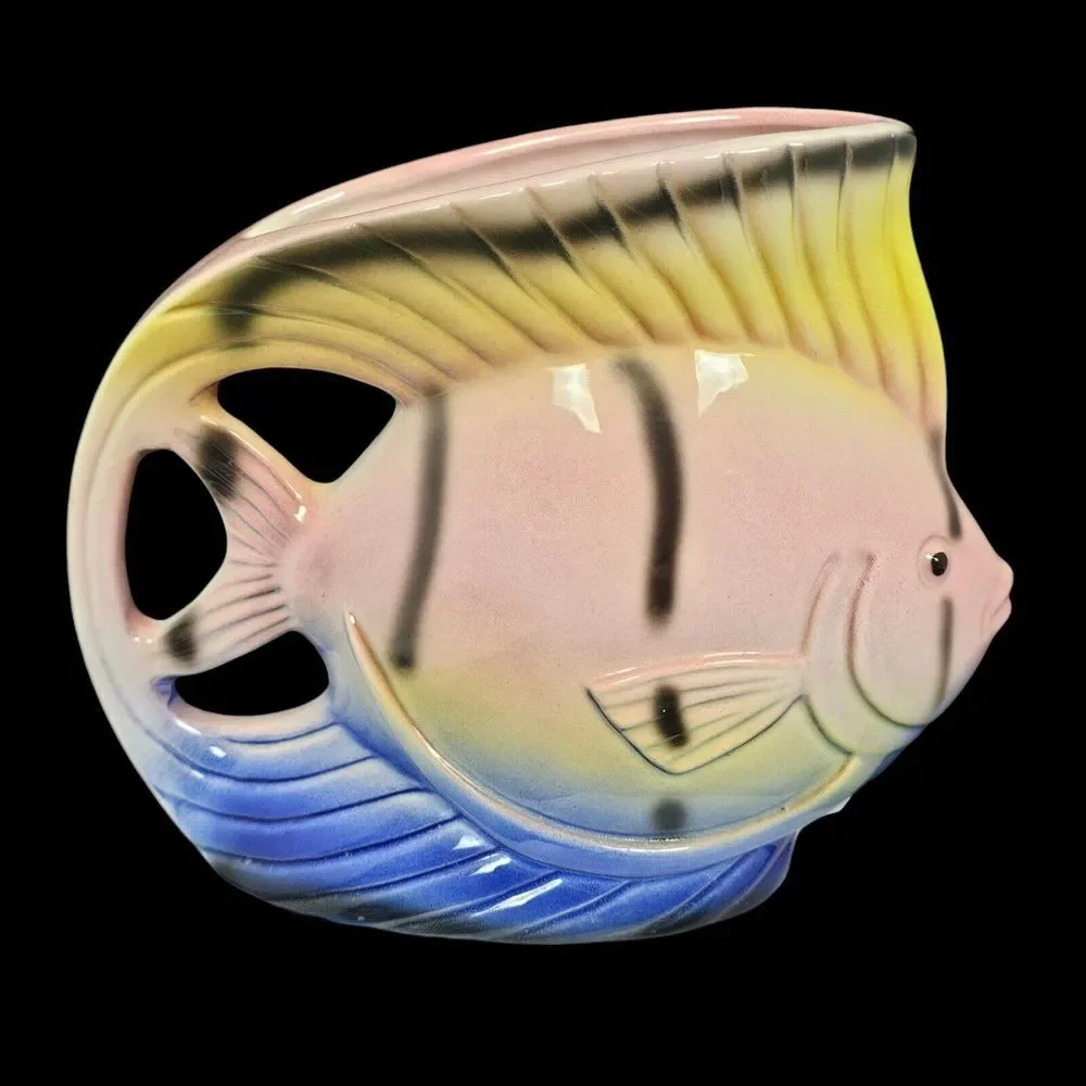 Vintage 80s Sarsaparilla Deco Designs Angel Fish Vase Style 885 Sealife Nautical